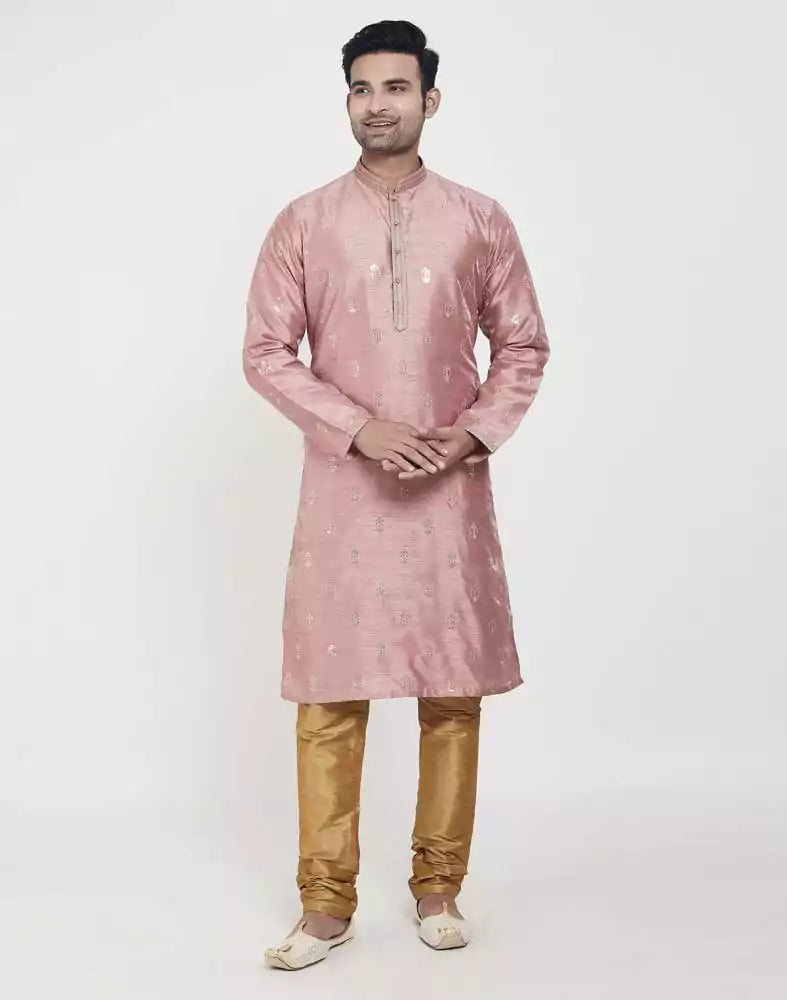 Image of Peach Self Highlighted Brocade Design Kurta Pajama