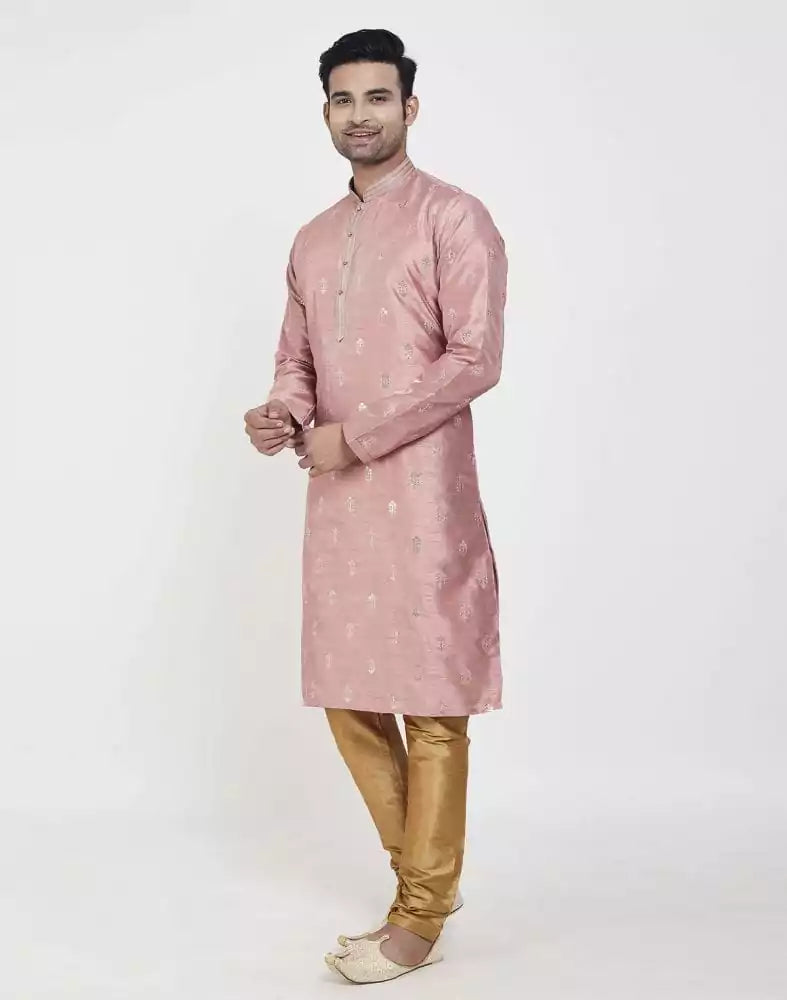 Image of Peach Self Highlighted Brocade Design Kurta Pajama