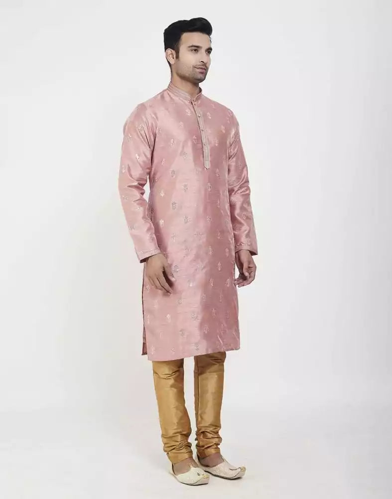 Image of Peach Self Highlighted Brocade Design Kurta Pajama