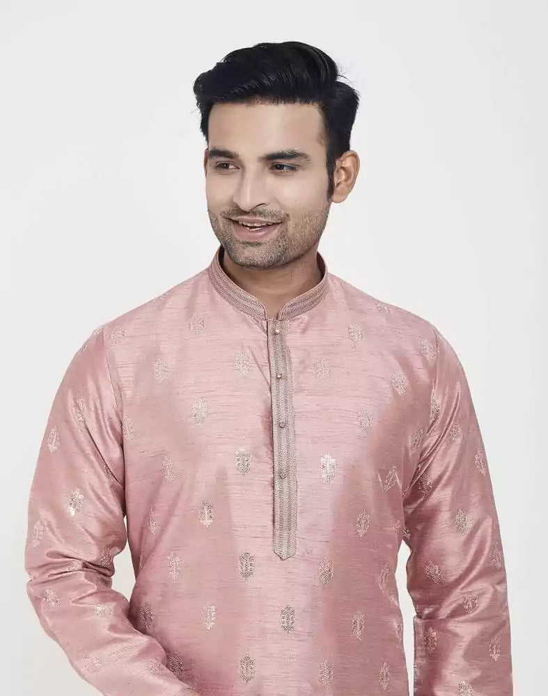 Image of Peach Self Highlighted Brocade Design Kurta Pajama