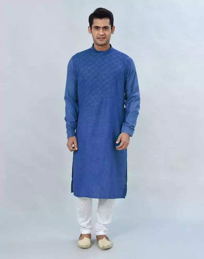 Image of Royal Blue Geometric Plain Kurta Pyjama Set