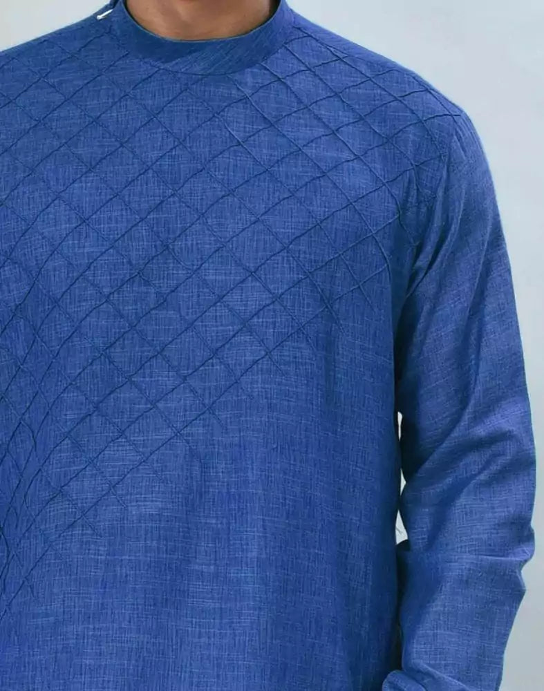 Image of Royal Blue Geometric Plain Kurta Pyjama Set