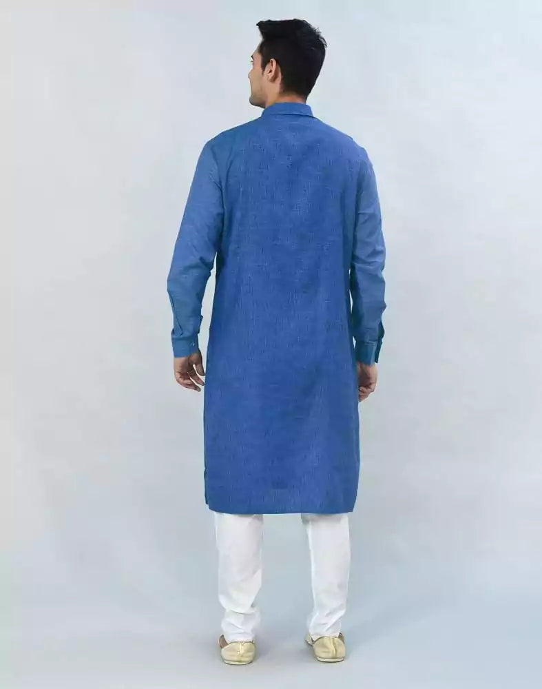 Image of Royal Blue Geometric Plain Kurta Pyjama Set
