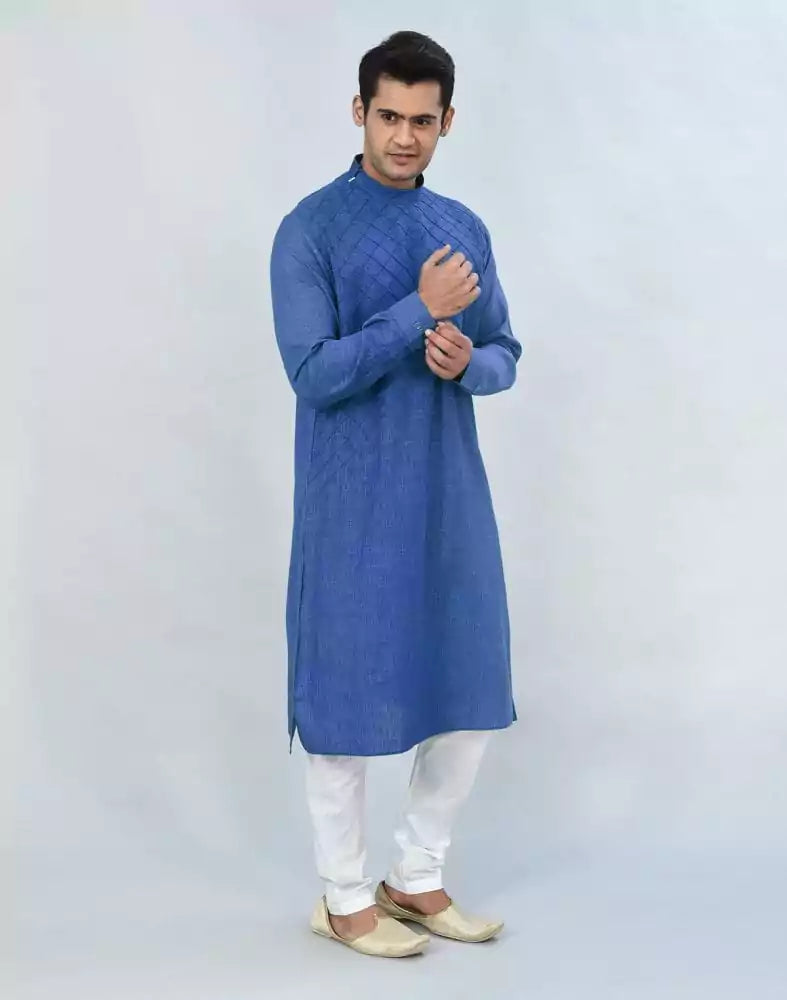 Image of Royal Blue Geometric Plain Kurta Pyjama Set