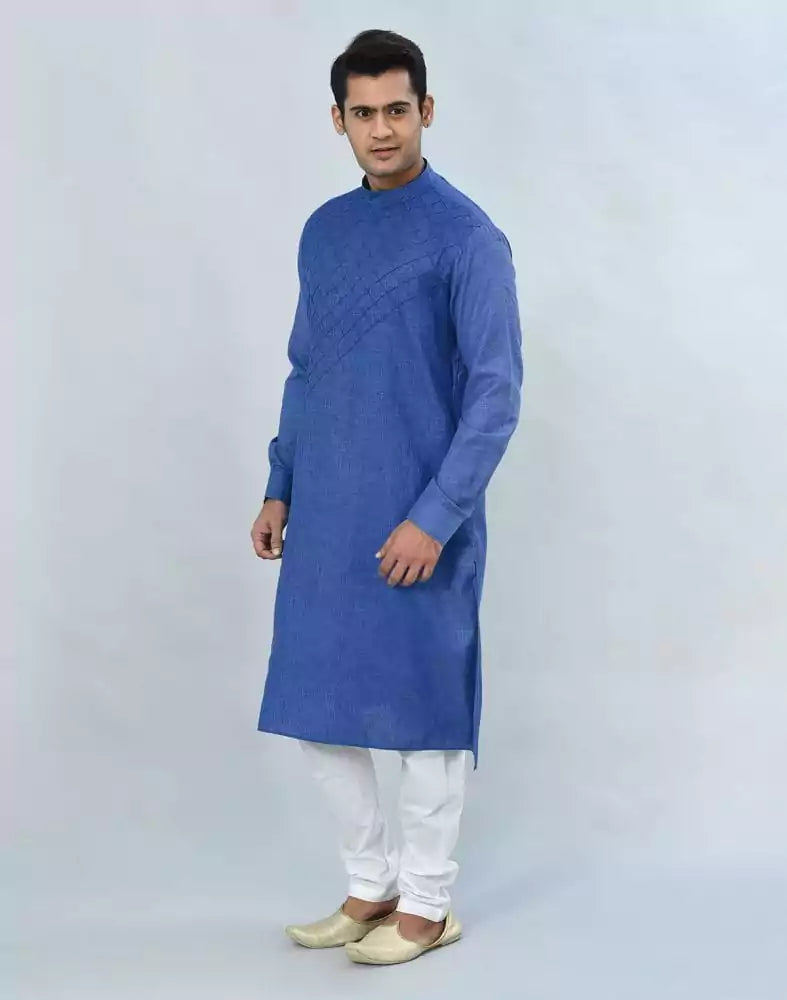 Image of Royal Blue Geometric Plain Kurta Pyjama Set