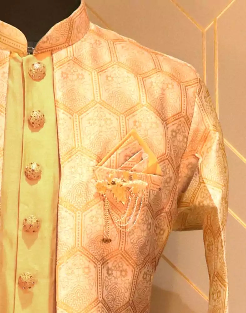 Image of Mustard Floral Weave Raw Silk Kurta Jacket Set