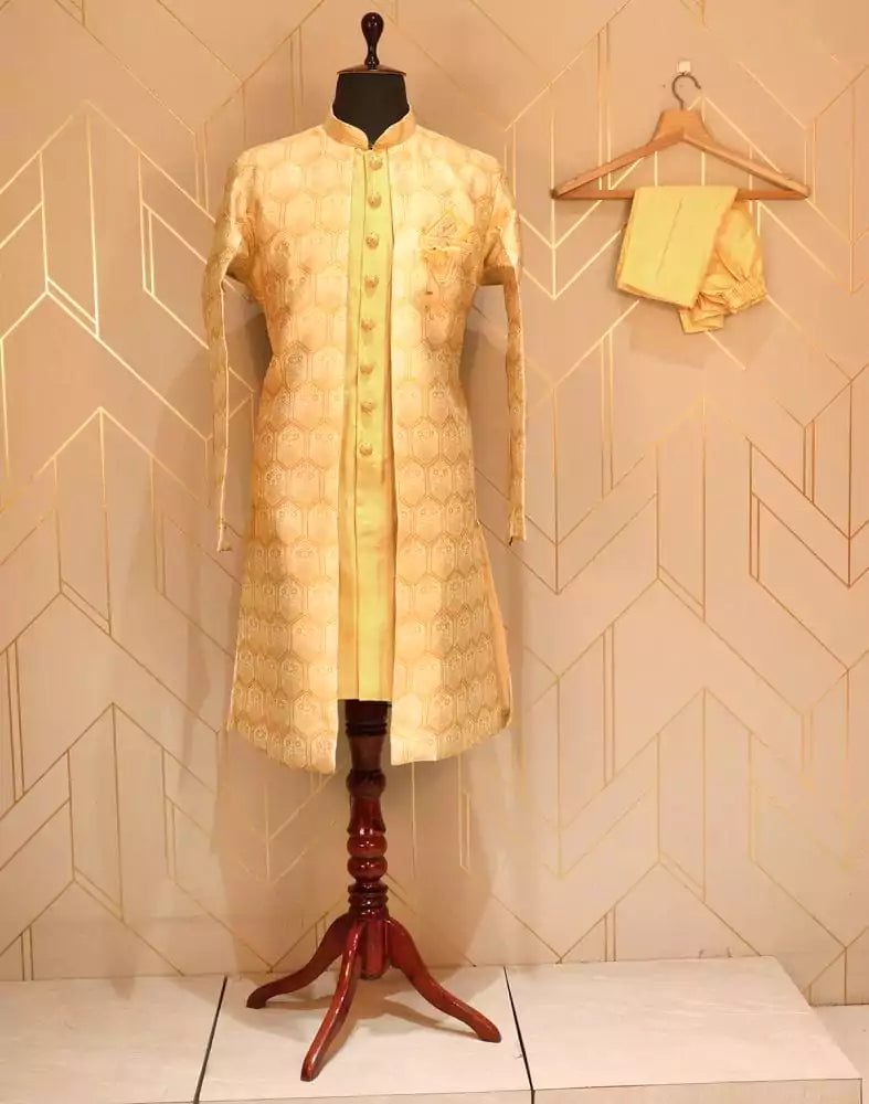 Image of Mustard Floral Weave Raw Silk Kurta Jacket Set