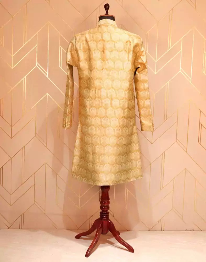 Image of Mustard Floral Weave Raw Silk Kurta Jacket Set