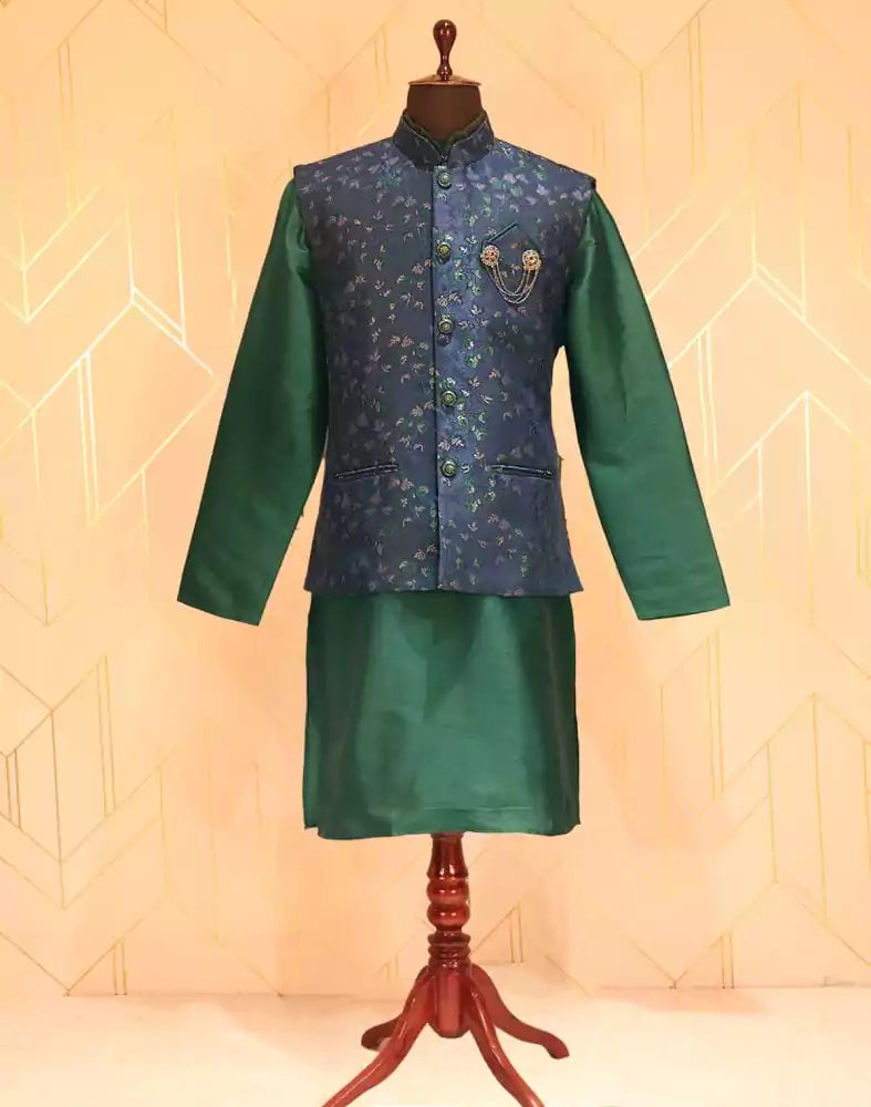 Image of Rama Green and Navy Blue Colour Floral Jacquard Deroyal Kurta and Jacket Set