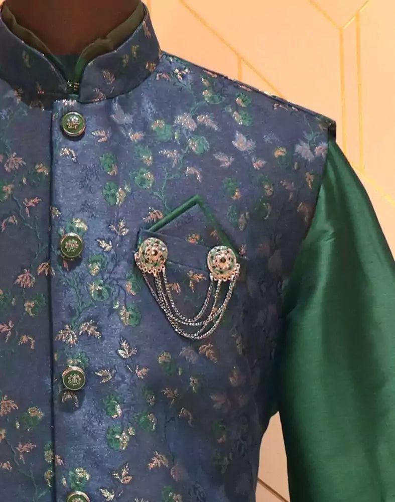 Image of Rama Green and Navy Blue Colour Floral Jacquard Deroyal Kurta and Jacket Set