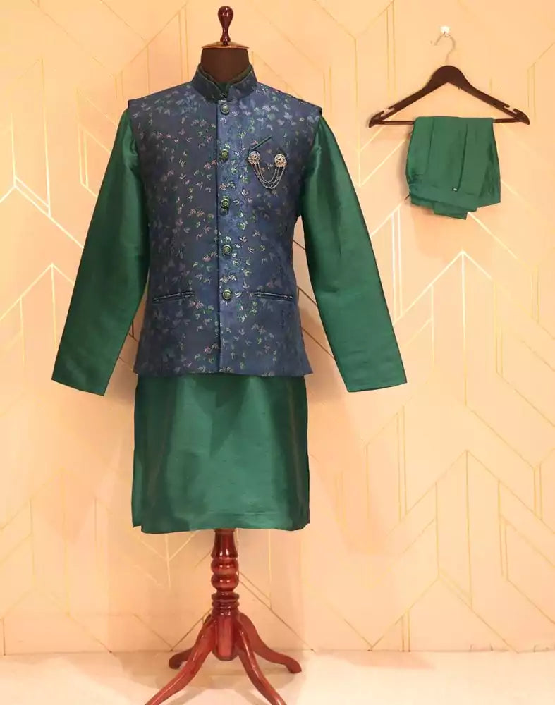 Image of Rama Green and Navy Blue Colour Floral Jacquard Deroyal Kurta and Jacket Set