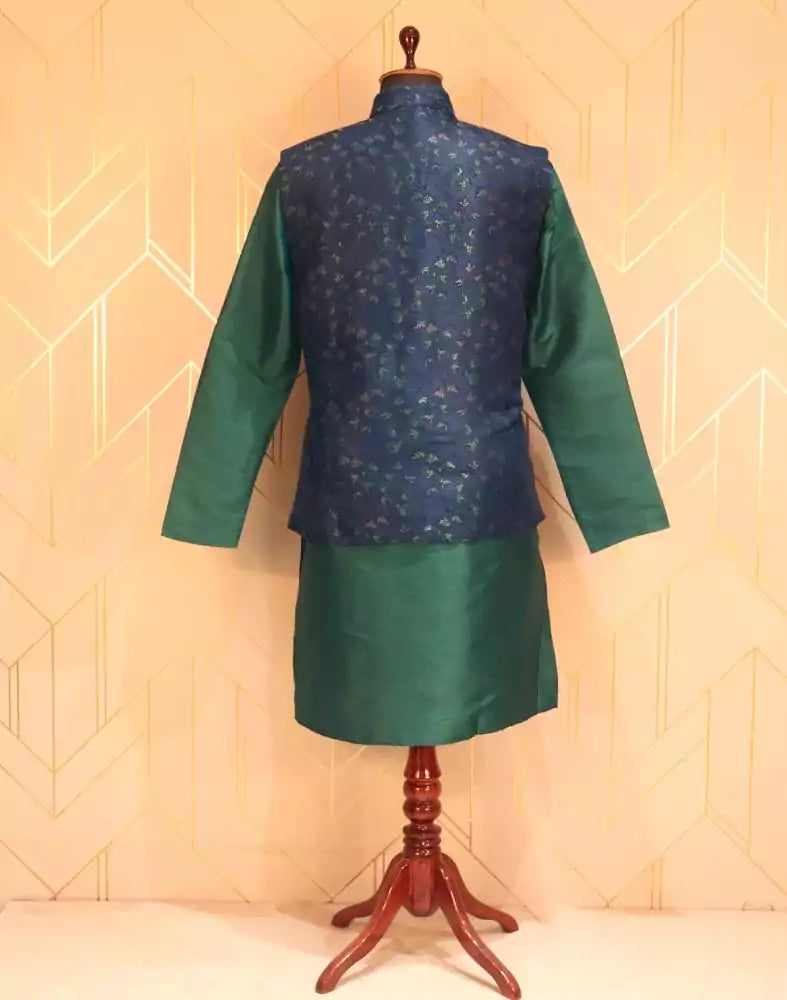 Image of Rama Green and Navy Blue Colour Floral Jacquard Deroyal Kurta and Jacket Set