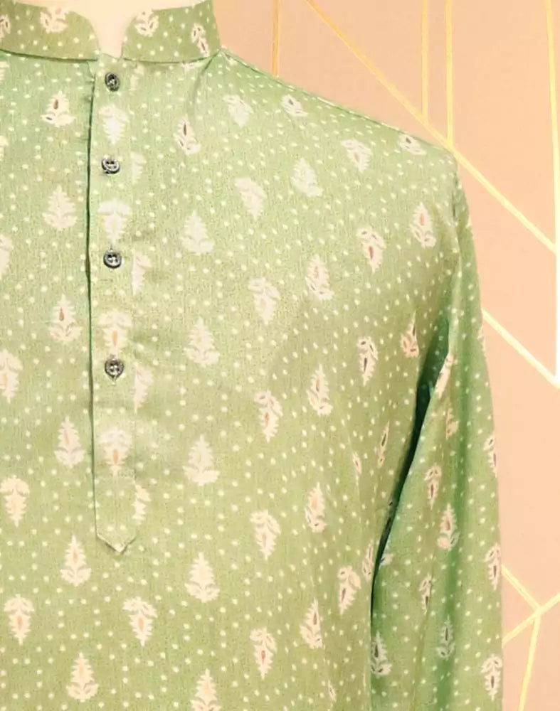 Image of Pista Green Floral Printed Cotton Silk Kurta Pyjama Set