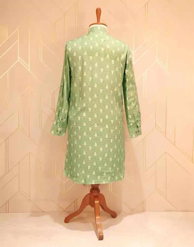 Image of Pista Green Floral Printed Cotton Silk Kurta Pyjama Set