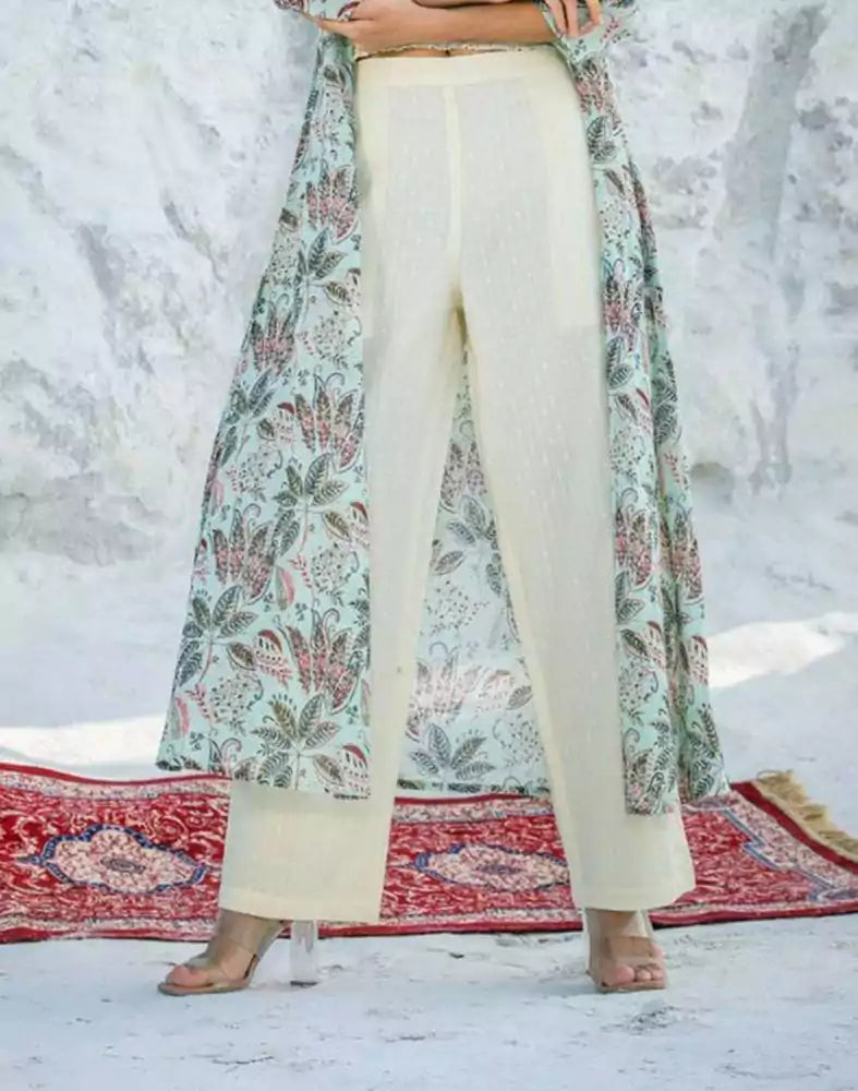 Image of Light Green Floral Print Cotton Co-ordinate Set with Shrug