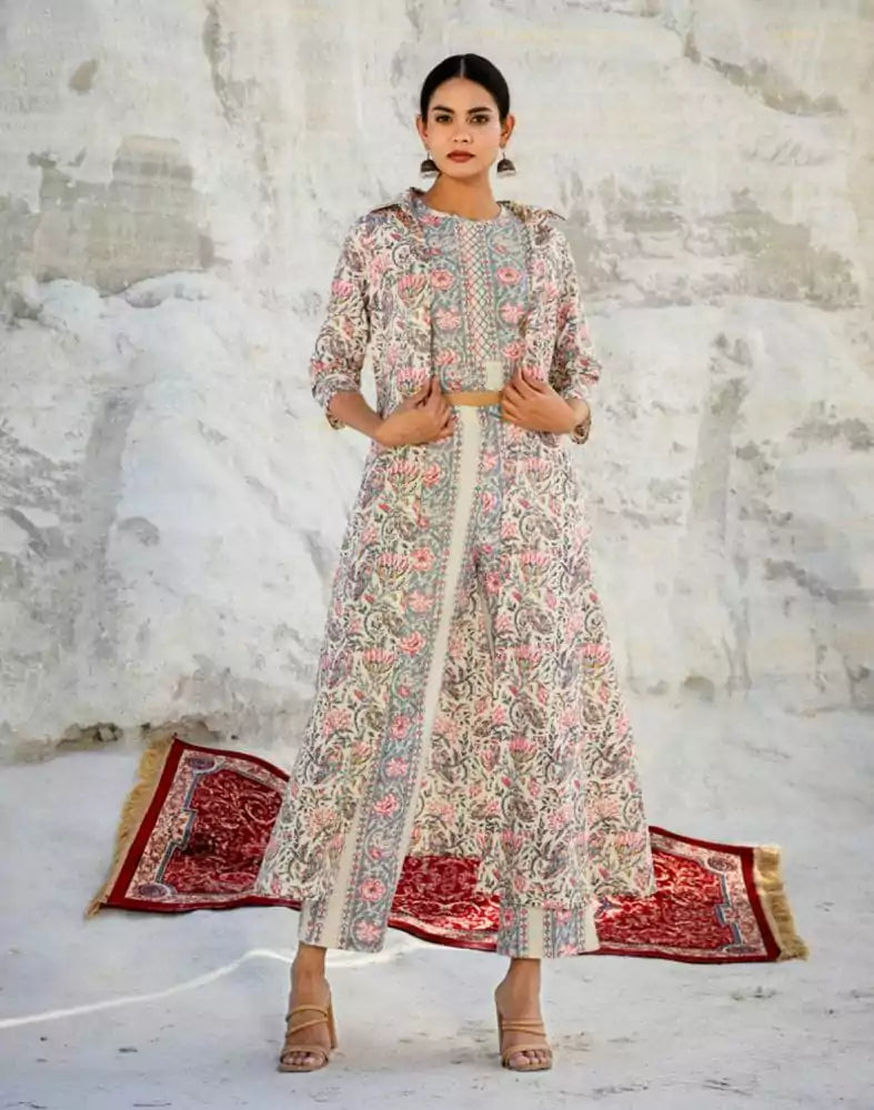 Image of Off White Floral Print Cotton Co-ordinate Set with Shrug