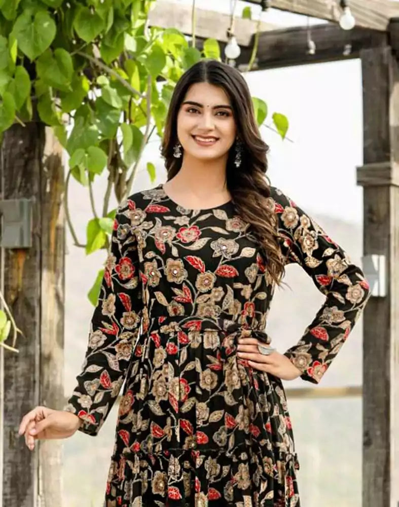Image of Black Floral Beads work Cotton Silk Kurti with Belt