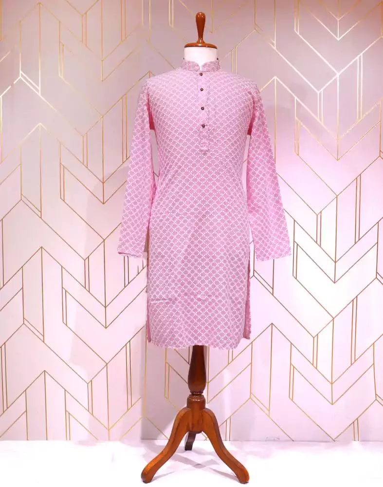 Image of Pink Floral Cotton Silk Kurta Pyjama Set