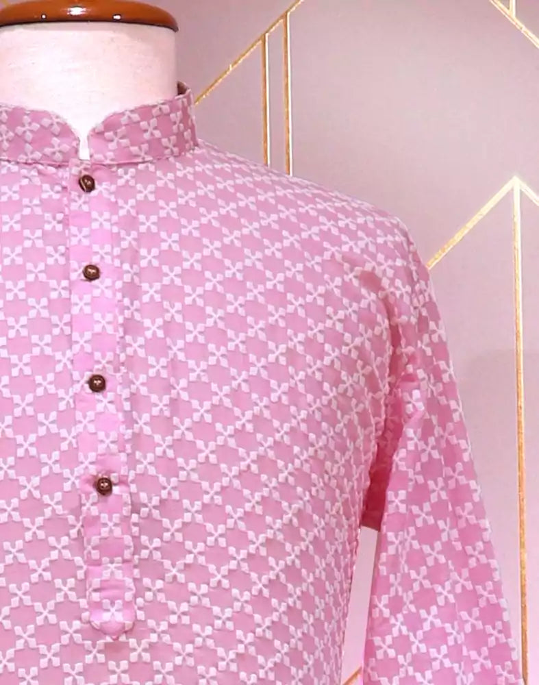 Image of Pink Floral Cotton Silk Kurta Pyjama Set