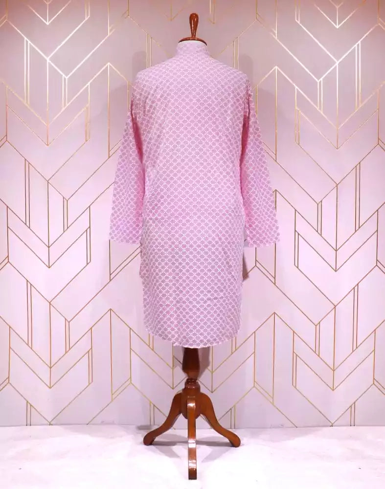 Image of Pink Floral Cotton Silk Kurta Pyjama Set