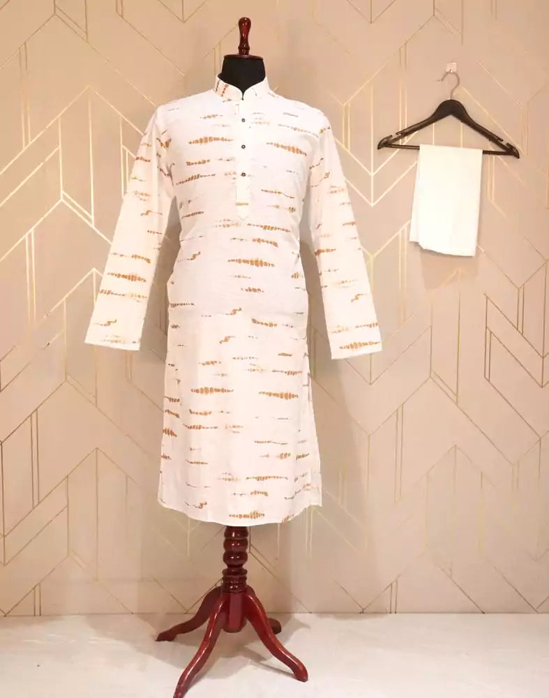 Image of White Graphic Cotton Printed Kurta Pyjama Set