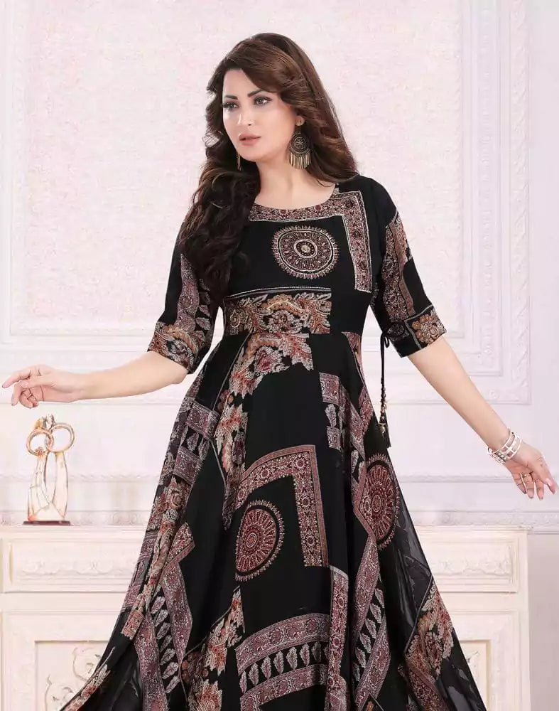 Image of Black Floral Print Chiffon fully flared Kurti