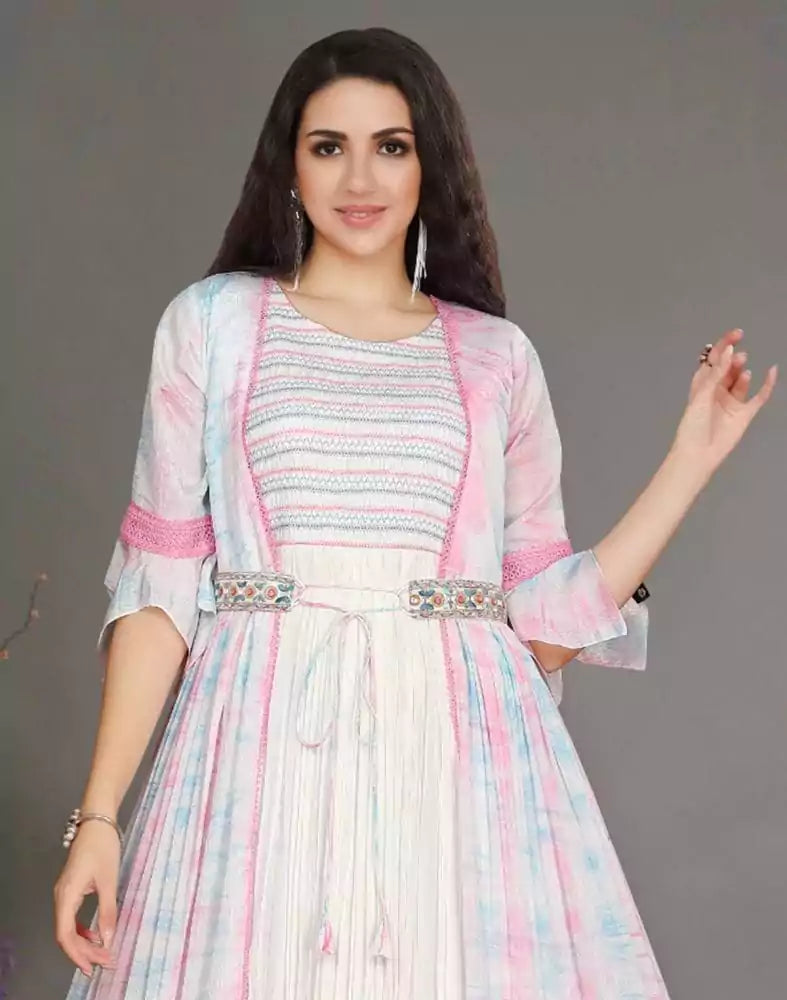 Image of Multi Color Graphic Print Chiffon Kurti with Shrug