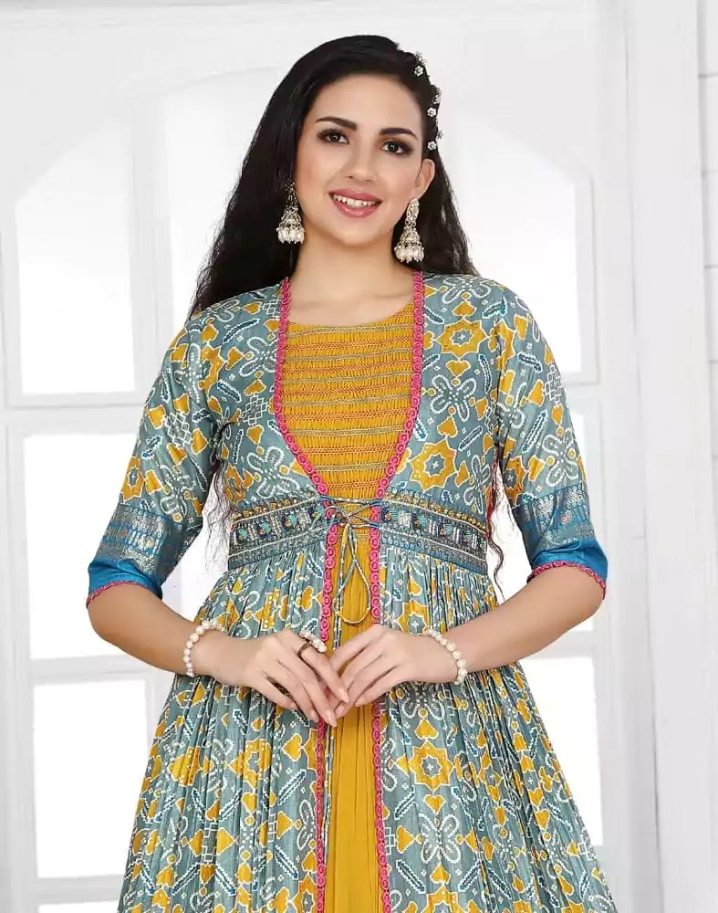 Image of Mustard Ikat Print Cotton Silk Kurti with Shrug