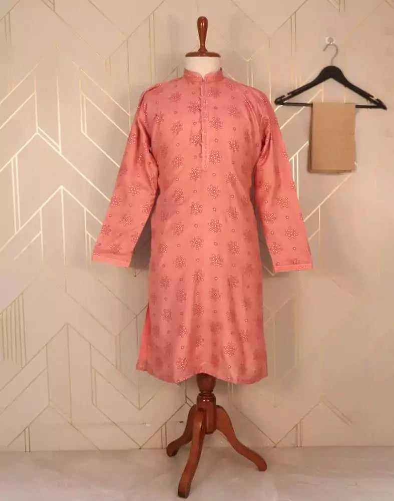 Image of Peach Floral Raw Silk Printed Kurta Pyjama Set