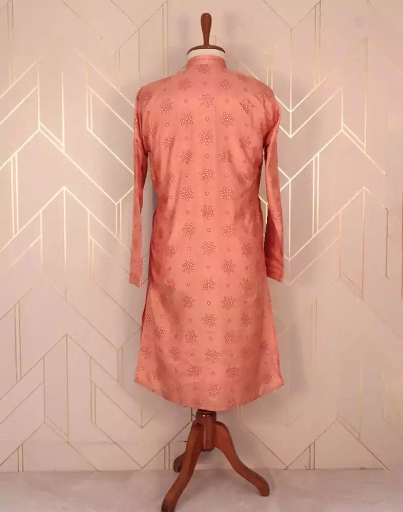 Image of Peach Floral Raw Silk Printed Kurta Pyjama Set