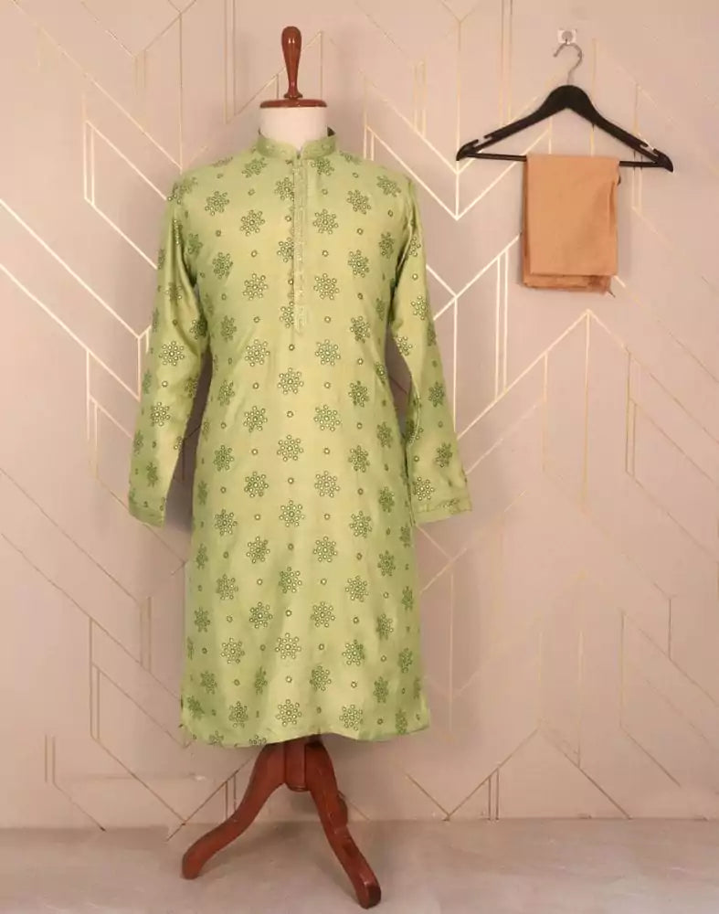 Image of Pista Green Floral Raw Silk Printed Kurta Pyjama Set