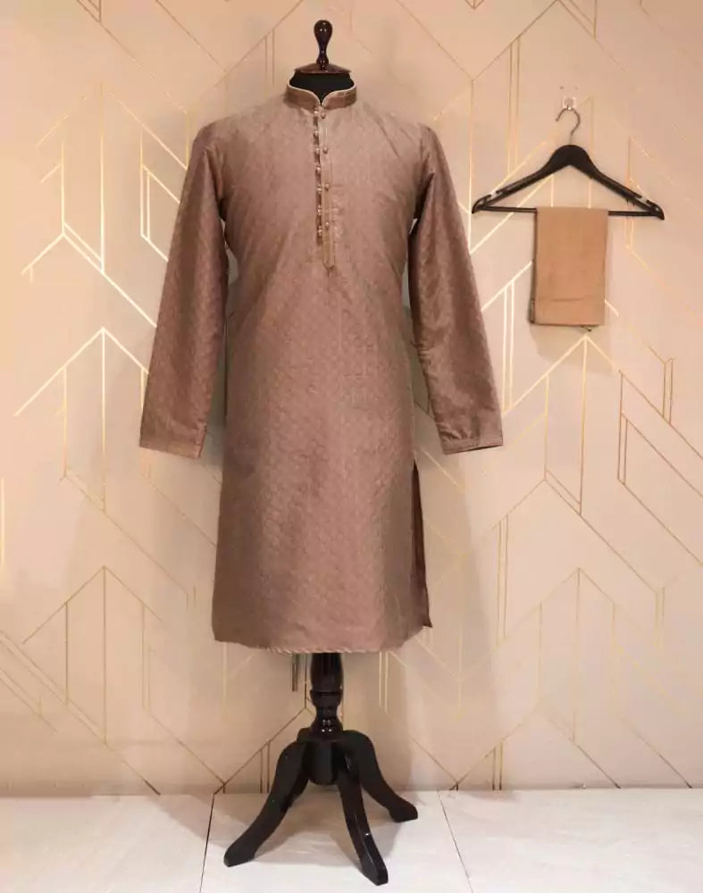 Image of Self Design Brown Coloured Jacquard Kurta Pyjama Set