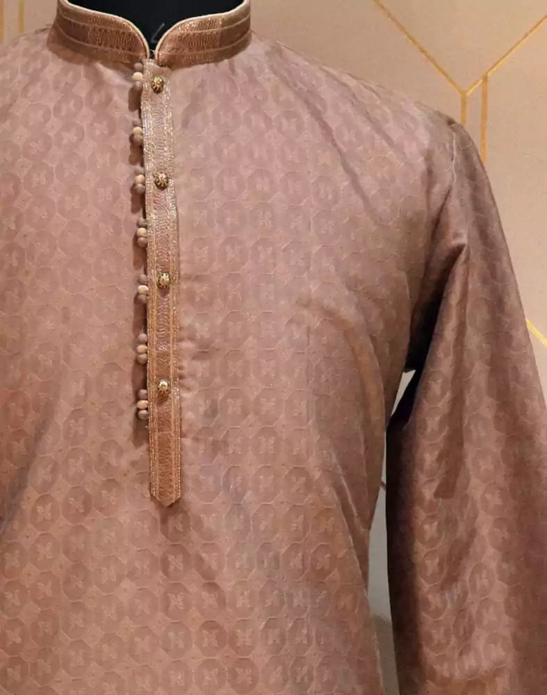 Image of Self Design Brown Coloured Jacquard Kurta Pyjama Set