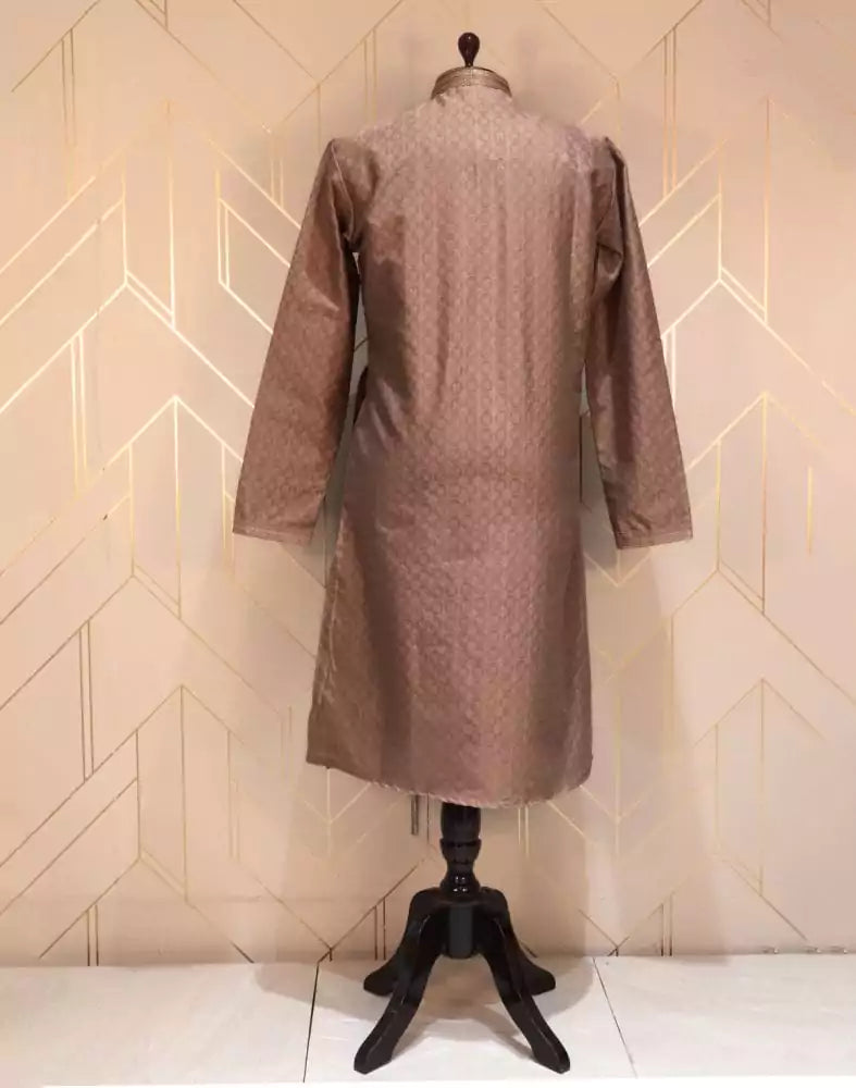 Image of Self Design Brown Coloured Jacquard Kurta Pyjama Set