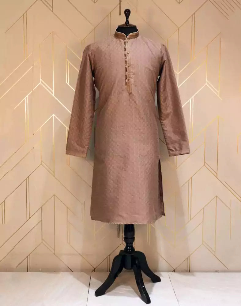 Image of Self Design Brown Coloured Jacquard Kurta Pyjama Set