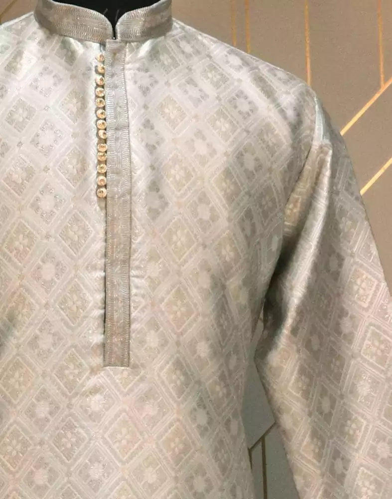 Image of Grey Floral Weave Jacquard Kurta Pyjama Set