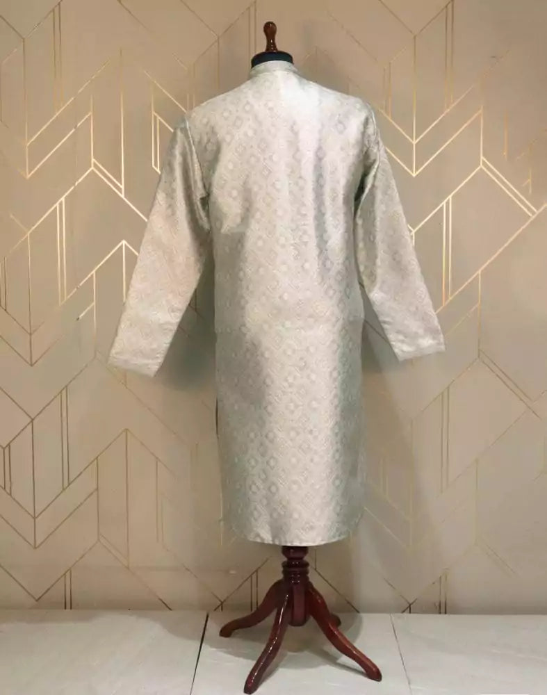 Image of Grey Floral Weave Jacquard Kurta Pyjama Set
