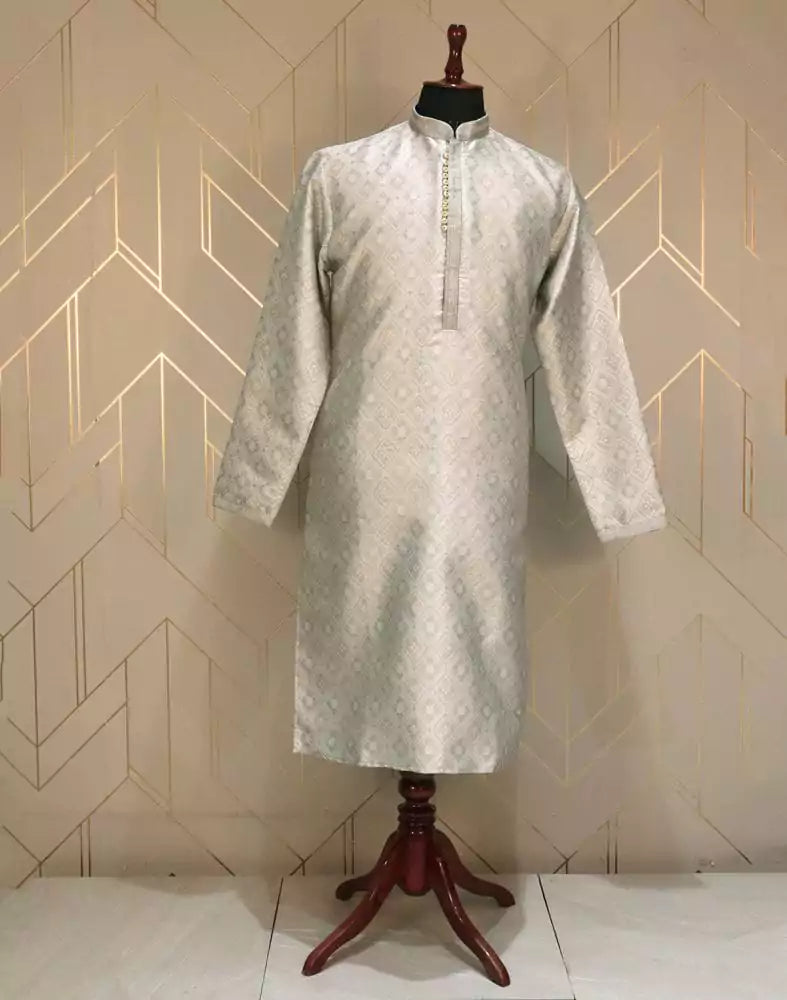 Image of Grey Floral Weave Jacquard Kurta Pyjama Set