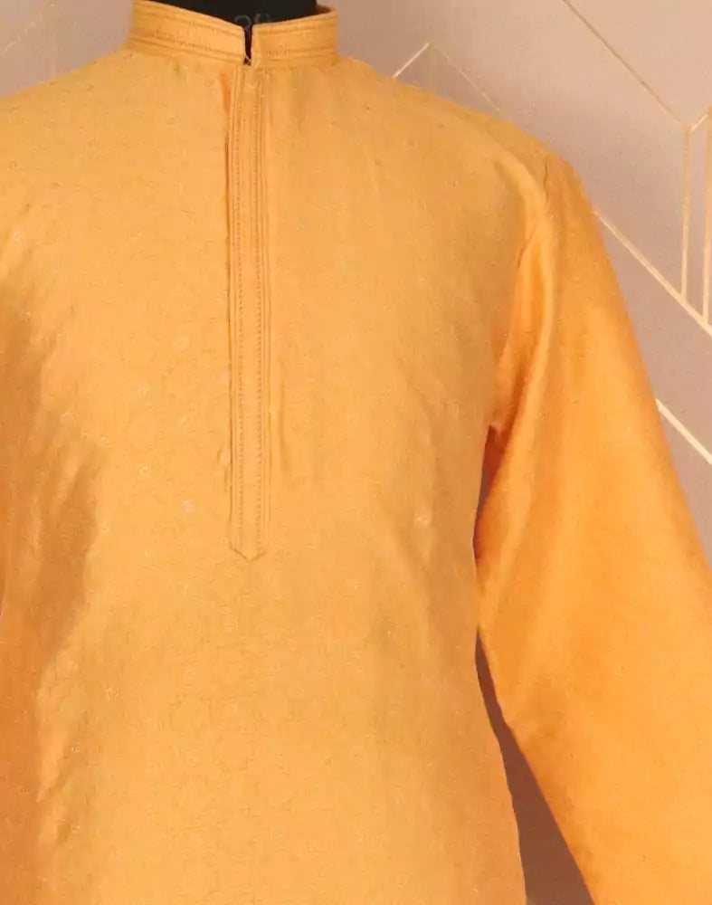 Image of Yellow Self Design Jacquard Weave Kurta Pyjama Set
