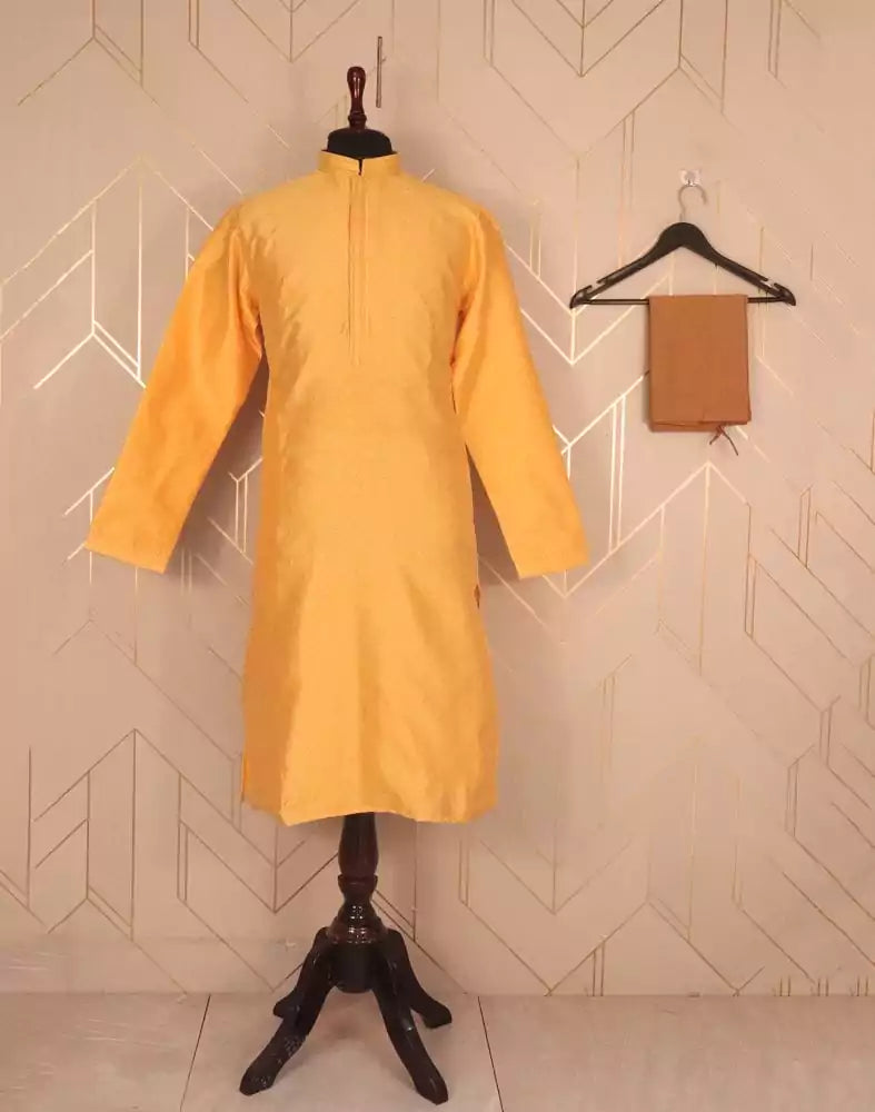 Image of Yellow Self Design Jacquard Weave Kurta Pyjama Set