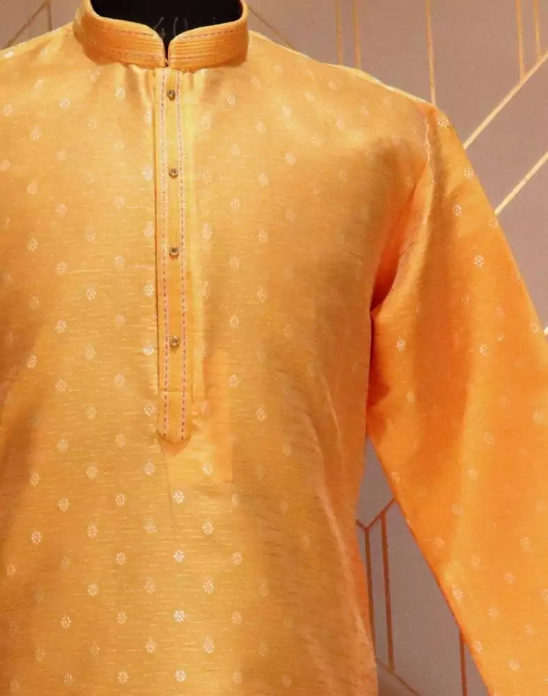 Image of Mustard Floral Weave Raw Silk Kurta Pyjama Set