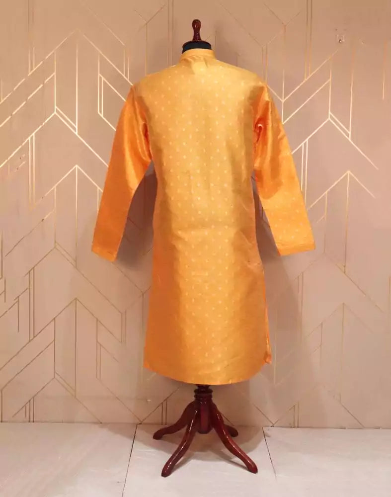 Image of Mustard Floral Weave Raw Silk Kurta Pyjama Set