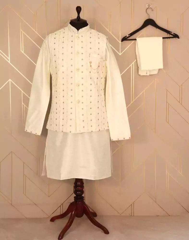Image of Cream Coloured Plain Raw Silk Kurta Jacket Set