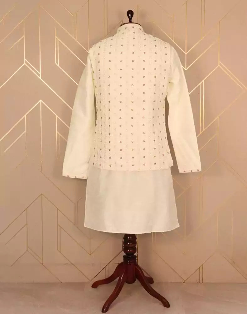 Image of Cream Coloured Plain Raw Silk Kurta Jacket Set