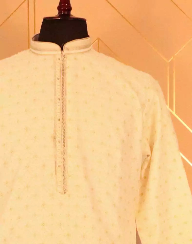 Image of Cream colour Butta design Raw Silk Kurta Pyjama Set