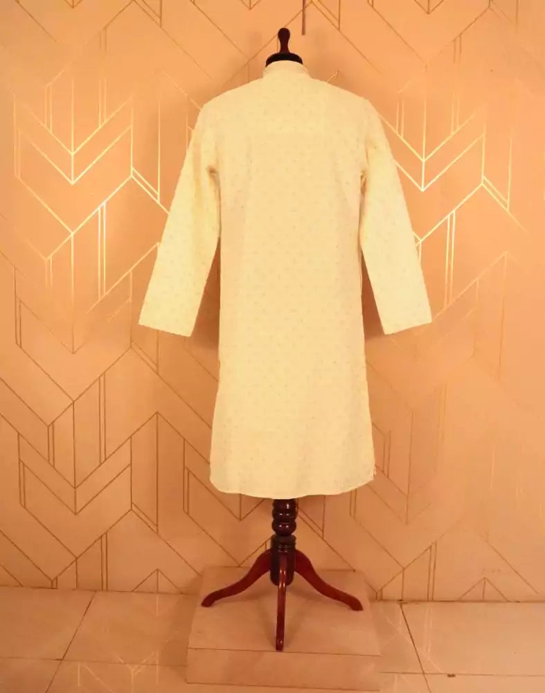 Image of Cream colour Butta design Raw Silk Kurta Pyjama Set