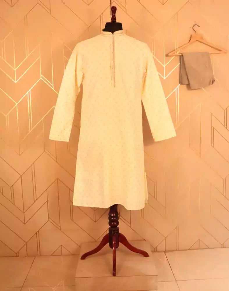 Image of Cream colour Butta design Raw Silk Kurta Pyjama Set