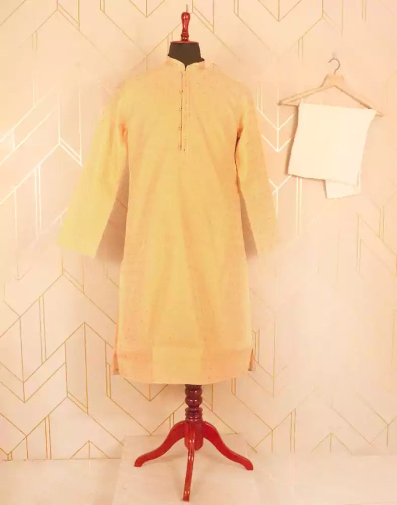 Image of Cream Floral Butta Raw Silk Kurta Pyjama Set