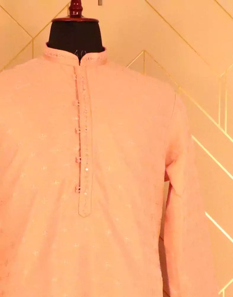 Image of Peach Floral Butta Raw Silk Kurta Pyjama Set