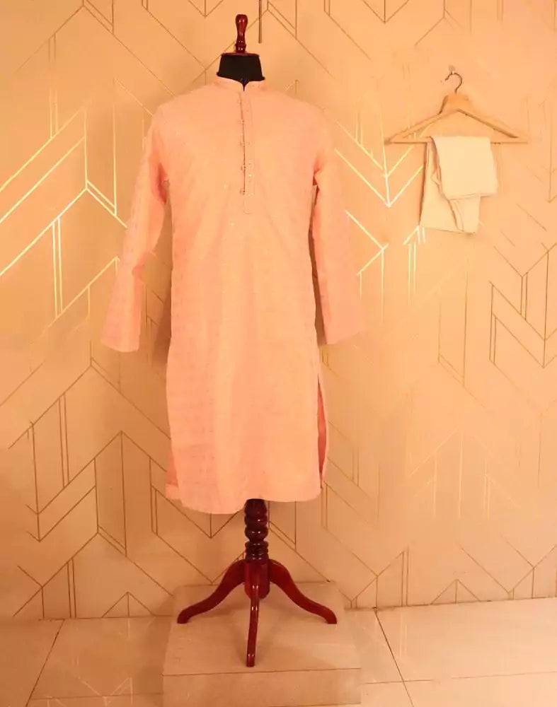 Image of Peach Floral Butta Raw Silk Kurta Pyjama Set